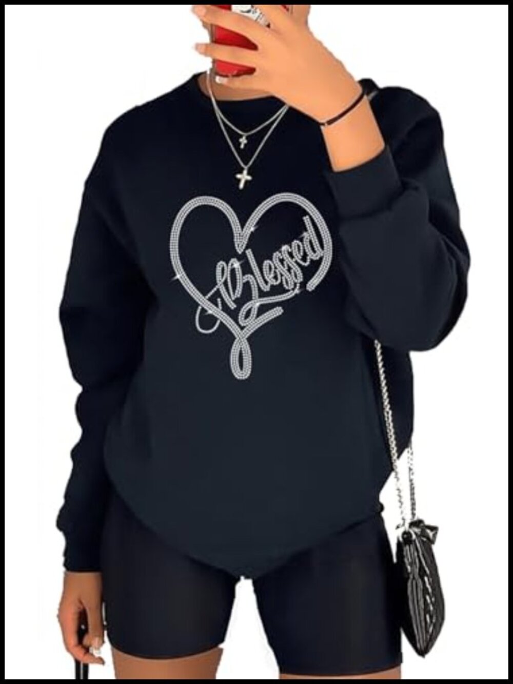 Rhinestone Blessed Graphic Sweatshirt Loose Fit Pullover Tunic Top